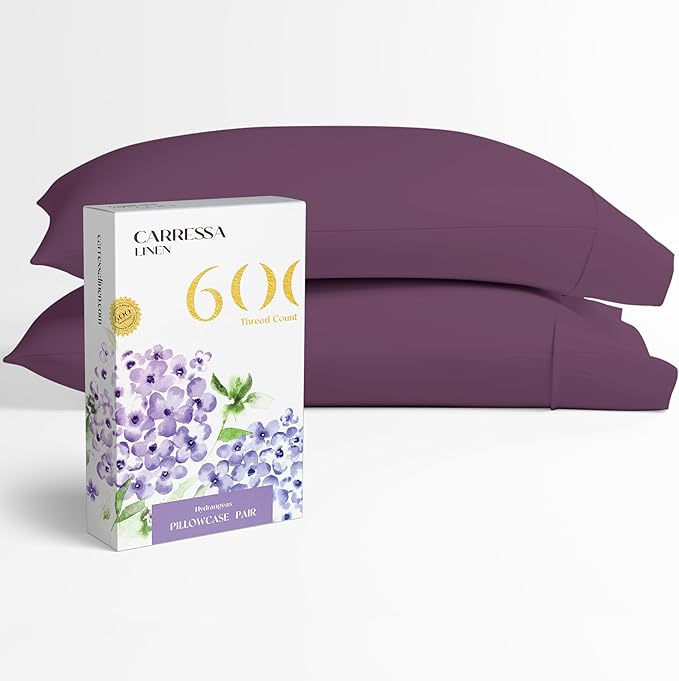Carressa Linen 100% Egyptian Cotton Pillow Cases Standard Size Set of 2 - Luxury 600 Thread Count Queen/Standard Pillowcases (Plum Purple), Soft, Extra Long Staple Sateen Weave Hotel Pillow Covers
