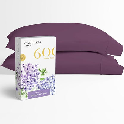 Carressa Linen 100% Egyptian Cotton Pillow Cases Standard Size Set of 2 - Luxury 600 Thread Count Queen/Standard Pillowcases (Plum Purple), Soft, Extra Long Staple Sateen Weave Hotel Pillow Covers