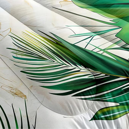 Tropical Palm Leaf Comforter Set King 3Pcs White Gold Marble Bedding Set Green Botanical Palm Leaves Bedding Soft Down Alternative Comforter Sets with 2 Pillowcases