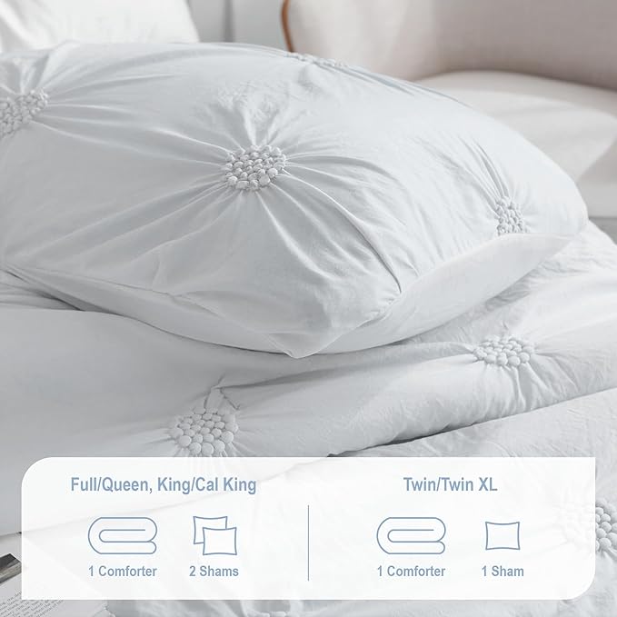 Swift Home King White 3-Piece Down Alternative Comforter Set Bedding Ruched 3D Floral Pintuck All-Season, Machine Washable