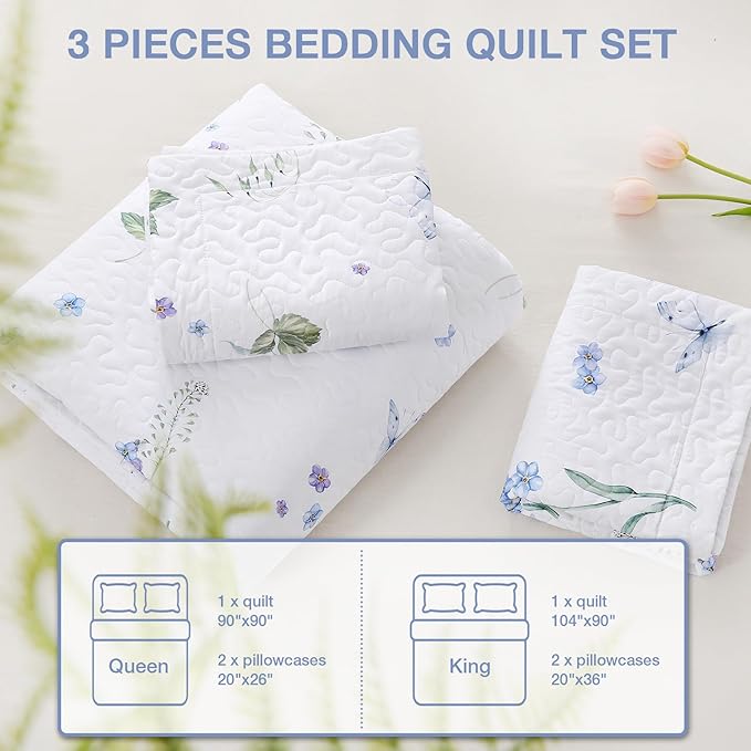 King Size Quilt Bedding Set, White Floral Lightweight Bed Quilts Botanical Patterned Elegant Bedspread Reversible Coverlet Sets with 2 Pillow Shams (104"×90")