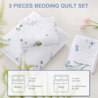 King Size Quilt Bedding Set, White Floral Lightweight Bed Quilts Botanical Patterned Elegant Bedspread Reversible Coverlet Sets with 2 Pillow Shams (104"×90")