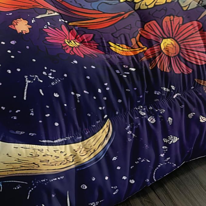 Bedding Sun and Moon Set Full Size,Colorful Flowers Bohemian Exotic Gothic Comforter Sets for Kids Teens Girls Room Decor,Universe Galaxy Bedding with 2 Pillowcases.