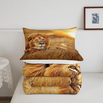 Lion Comforter Set Twin Size,3D Print Wild Animals Bedding Set for Teens Adult Men Room Decor,Natural Sunset View Quilt Set Rustic Prairie Duvet Insert 2pcs with 1 Pillowcase