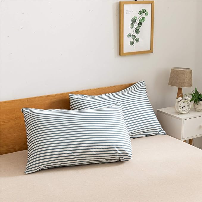JELLYMONI 100% Natural Cotton 3pcs Striped Duvet Cover Sets,White Duvet Cover with Grayish Blue Stripes Pattern Printed Comforter Cover,with Zipper Closure & Corner Ties(King Size)