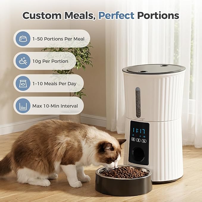 DUMOS 4L Automatic Cat Feeder, Dog Food Dispenser with APP Control, White | 2.4G WiFi, 10s Voice Recorder, Dual Power, Desiccant Bag, Stainless Steel Bowl, Programmable Feeder for Small Cats and Dogs