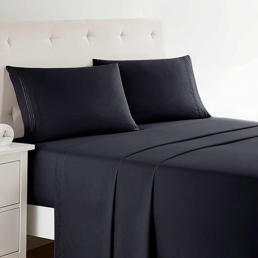 Clara Clark Bed Sheets, Premier 1800 Series 4 Piece Bed Sheet Set, Deep Pocket, Wrinkle, Fade, Stain Resistant, Luxury Soft Bedding Sheets & Pillowcases, California King, Black
