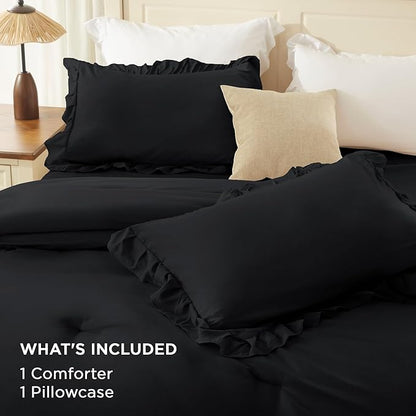 Andency Black Twin Size Comforter Set(66x90Inch), 2 Pieces Fluffy Farmhouse Shabby Chic Ruffle Bedding Comforter Sets, All Season Soft Lightweight Polyester Bedding Set for Kids