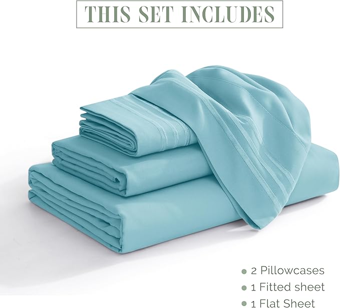 Elegant Comfort Luxurious 1500 Premium Hotel Quality Microfiber Three Line Embroidered Softest 4-Piece Bed Sheet Set, Wrinkle and Fade Resistant, Twin/Twin XL, Aqua Blue