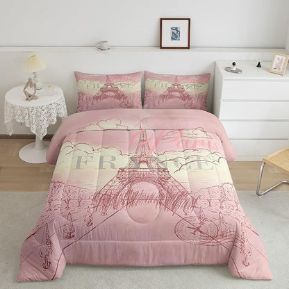 Castle Fairy Eiffel Tower Comforter Set King,Retro Paris Style Bedding Set for Boys Girls Teens Bedroom Decor,Vintage Cityscape Girls Women Landmark Quilt Set Super Soft Duvet Set,Gift for Her Him