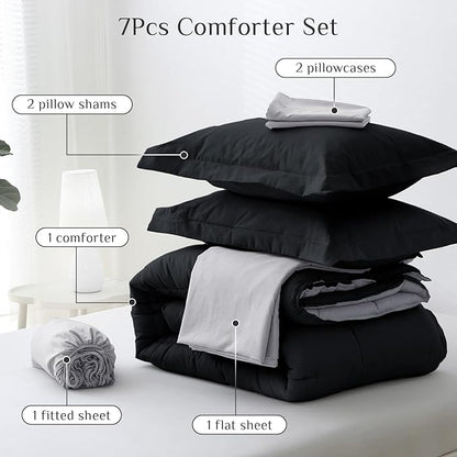 JOLLYVOGUE Full Comforter Set, Ultra-Soft Bed in a Bag Full Size 7 Pieces, Oeko-TEX Certified Bedding Set with Down Alternative Comforter, Sheets, Pillowcases & Shams, Black & Light Grey
