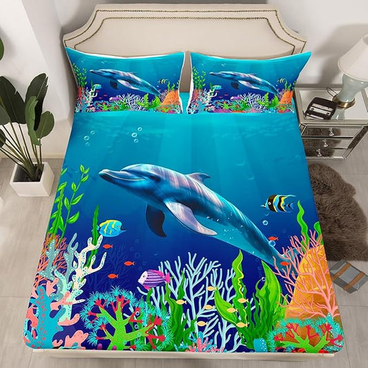 Cute Dolphin Kids Bed Sheets Set Ocean Fish Coral Fitted Sheet Cartoon Undersea Boys Girls Bedding Set for Bedroom Decor Blue Underwater Sheets (Full Flat Sheet & Fitted Sheet with 2 Pillow Case)