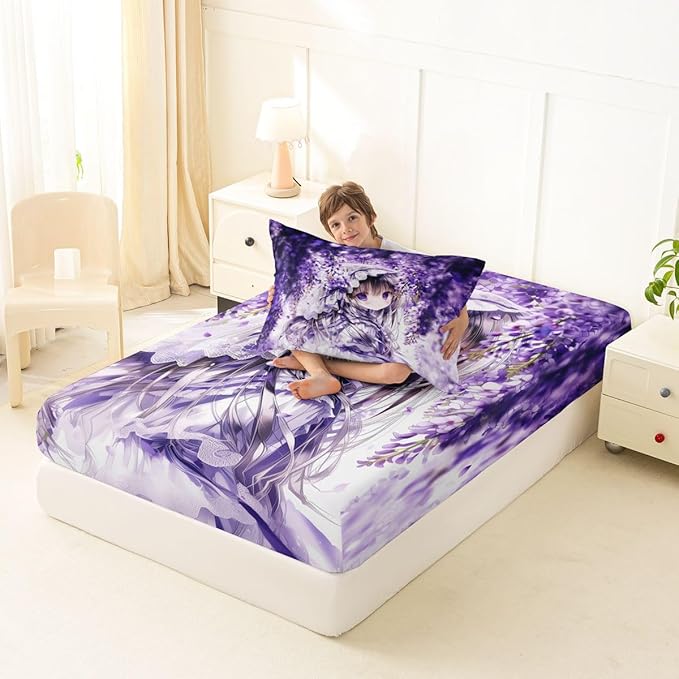 Erosebridal Lilac Flower Girl Fitted Sheet for Boys Girls Kids Purple Spring Floral Twin Bed Sheets,Anime Girl Sheets Cartoon Anime Gift Bedding Sets, No Top Sheet