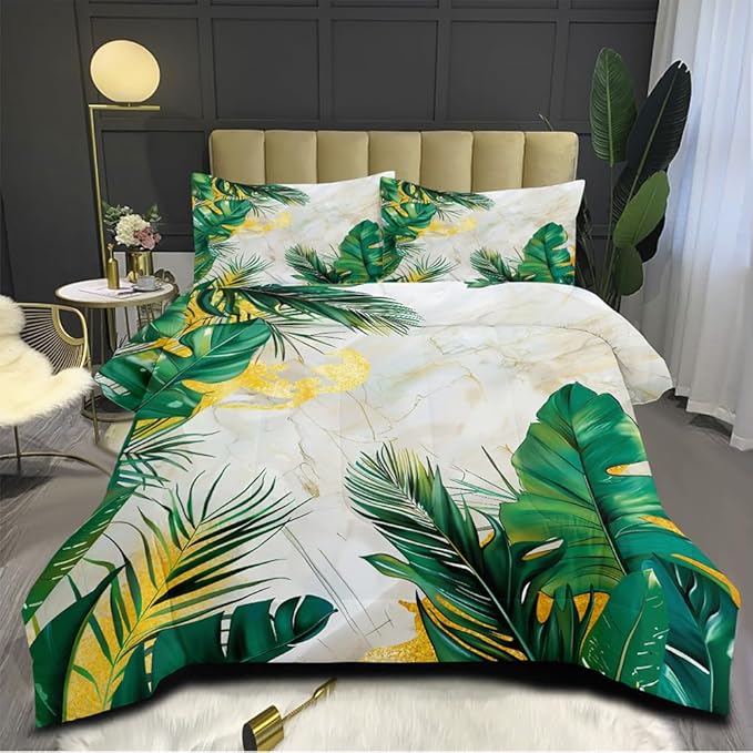 Tropical Palm Leaf Comforter Set King 3Pcs White Gold Marble Bedding Set Green Botanical Palm Leaves Bedding Soft Down Alternative Comforter Sets with 2 Pillowcases