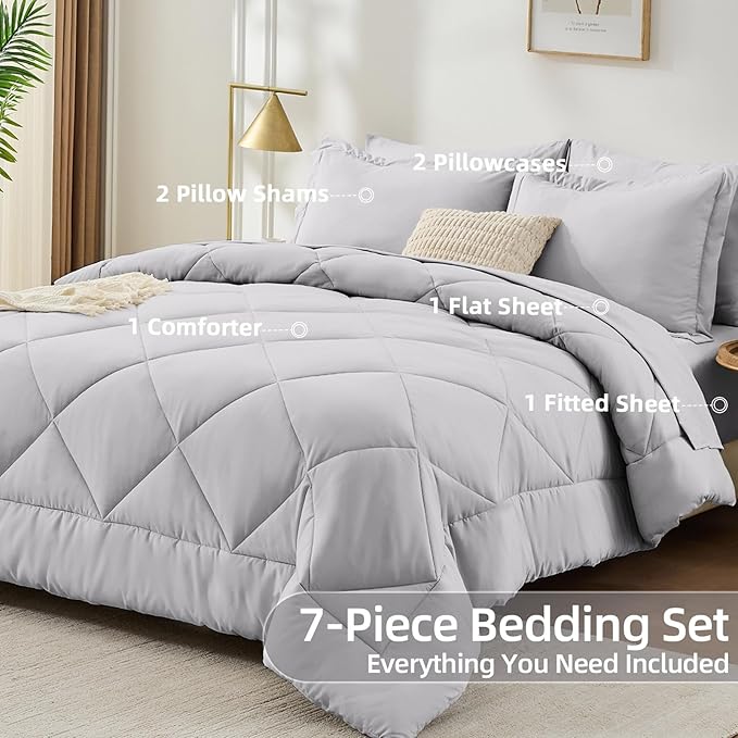 FUANNA 7 Pieces Full Size Comforter Sets, All Season Bedding Sets Full Size, Luxury Soft Bed in a Bag with Comforter, Flat Sheet, Fitted Sheet, Pillowcases & Pillow Shams, Light Grey