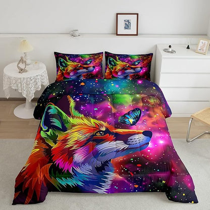 Fox Print Bedding Set Queen Cartoon Fox Butterfly Comforter Set for Kid Girl Boys,3D Animal Theme Colorful Galaxy Painting Quilt Duvet,Starry Sky Down Comforter Home Room Decor with 2 Pillow Cases