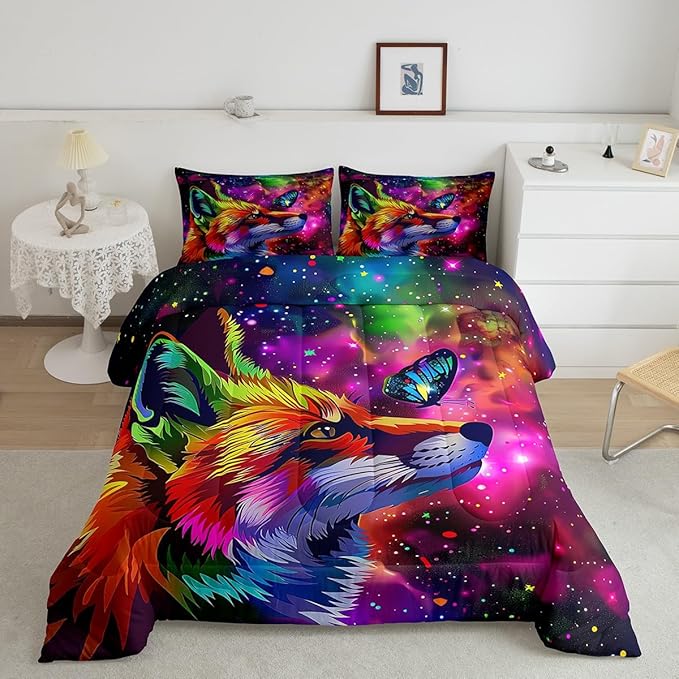 Fox Print Bedding Set Twin Cartoon Fox Butterfly Comforter Set for Kid Girl Boys,3D Animal Theme Colorful Galaxy Painting Quilt Duvet,Starry Sky Down Comforter Home Room Decor with 1 Pillowcase