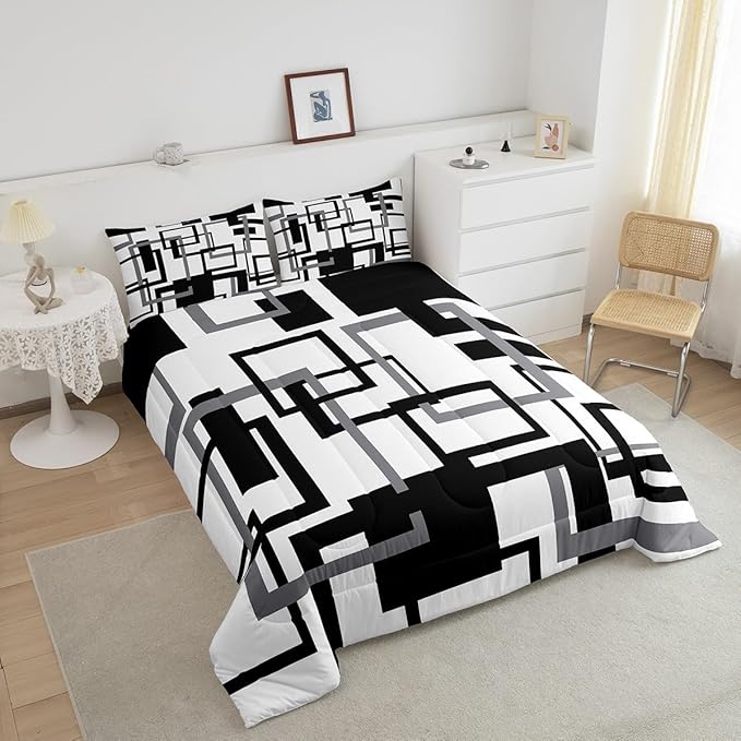 Erosebridal Grid Comforter for Kids Boys Girls,Black and White Bedding Set Full Size,Geometric Pattern Quilt Set Ultra Warm,Buffalo Check Art Duvet Insert with 2 Pillow Shams Bedroom Decor