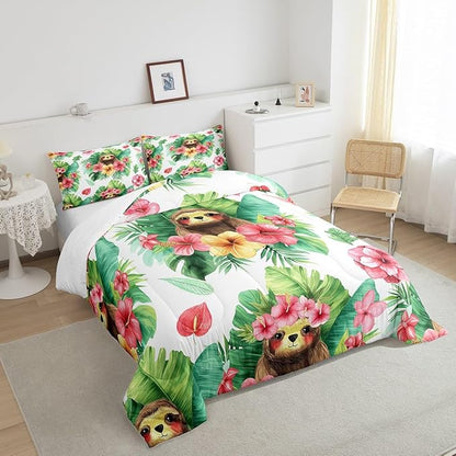 Erosebridal Cartoon Sloth Comforter Set Kawaii Sloth Bedding Palm Leaf Cherry Blossom Monstera Quilt Hawaiian Tropical Leaf Animal Duvet Insert for Kids Boys Girls, 3Pcs Full Size