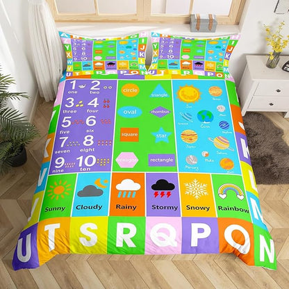 Castle Fairy Alphabet Duvet Cover King Size,Educational Weather Planets Number Bedding Set 3pcs for Teens Adults,Watercolor Patchwork Comforter Cover Soft Quilt Cover,No Comforter
