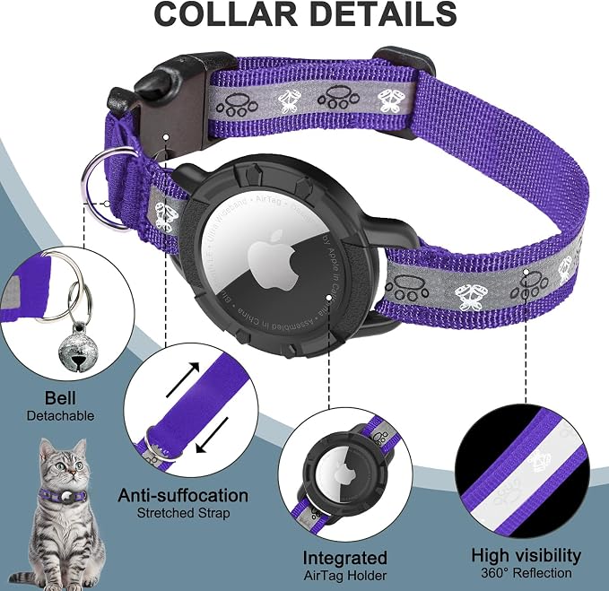 Reflective AirTag Cat Collar, Integrated Cat Collar with Air Tag Holder | Built in AirTag Holder, Adjustable 7-13in for Cats, Kittens and Puppies, Safety Elastic Band, Reflective for Night Walking