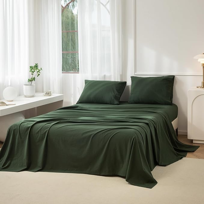 JIYUAN Queen Size Sheet Set, 4-Piece - 100% Washed Cotton, Linen-Like Soft & Breathable, Includes Deep Pocket Fitted & Flat Sheet with 2 Pillowcases, Hotel Quality, Solid Forest Green