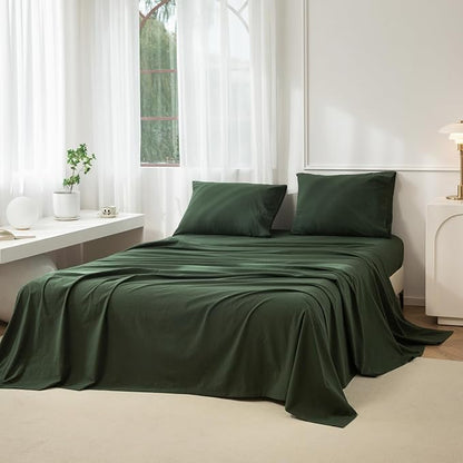 JIYUAN California King Size Sheet Set, 4-Piece - 100% Washed Cotton, Linen-Like Soft & Breathable, Includes Deep Pocket Fitted & Flat Sheet with 2 Pillowcases, Hotel Quality, Solid Forest Green