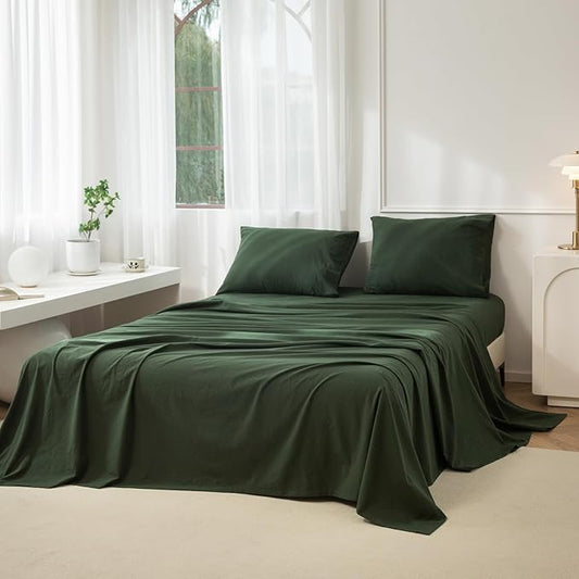 JIYUAN Twin Size Sheet Set, 3-Piece - 100% Washed Cotton, Linen-Like Soft & Breathable, Includes Deep Pocket Fitted & Flat Sheet with 1 Pillowcases, Hotel Quality, Solid Forest Green