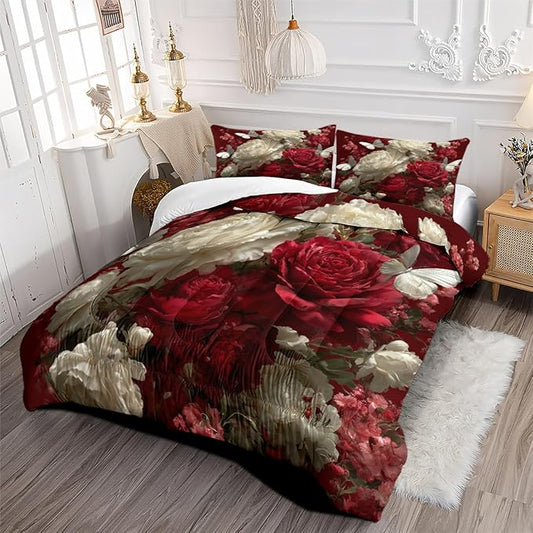 Women Victorian Red Rose Comforter Set, Twin Size 5-Piece White Flowers Butterfly Comforter Sets for Girls Room Decor, 1 Comforter 68"x 90", 2 Pillowcases, 1 Fitted Sheet, 1 Flat Sheet