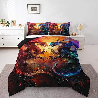 Feelyou Dragon Comforter Set Full Size Western Dragon Comforter for Boys Girls Teens Wildlife Bedding Set Wild Animal Duvet Set Room Decor Dark Orange Quilt Set