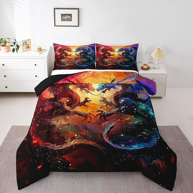 Feelyou Dragon Comforter Set King Size Western Dragon Comforter for Boys Girls Teens Wildlife Bedding Set Wild Animal Duvet Set Room Decor Dark Orange Quilt Set