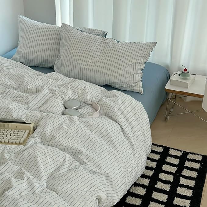 Nayoroom Blue Striped Duvet Cover Queen Size 100% Washed Cotton Duvet Cover Linen Like Textured, Reversible 3 Pieces Soft Breathable Yarn-Dyed Stripe Girls Dorm Bedding Set for All Seasons