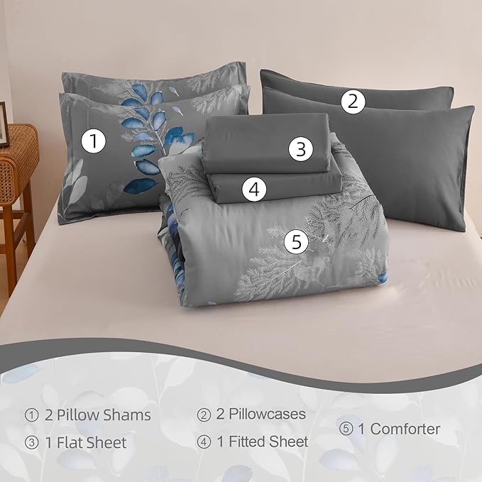 Anibedding 7 Pieces King Size Comforter Set, Grey Blue Botanical Gradient Leaves Ultra Soft Microfiber Down Alternative Bedding Set with Sheets and Pillowcase for All Season