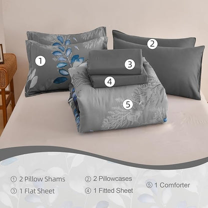 Anibedding Botanical Queen Comforter Set, 7 Piece Grey Blue Leaves Ultra Soft Microfiber Down Alternative Bedding Set with Sheets and Pillowcase for All Season