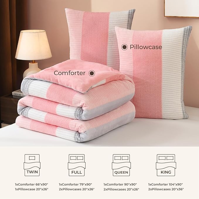 Litanika Fluffy Fleece Queen Comforter Set, Luxury Soft Plush Fuzzy Blush Stripe Bedding Comforter Sets, Warm Shaggy Faux Fur Bed Set All Season (1 Comforter, 2 Pillowcases)