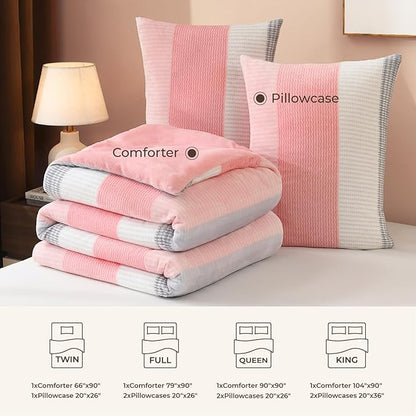 Litanika Fluffy Fleece Queen Comforter Set, Luxury Soft Plush Fuzzy Blush Stripe Bedding Comforter Sets, Warm Shaggy Faux Fur Bed Set All Season (1 Comforter, 2 Pillowcases)