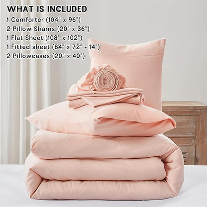 Anluoer Pink California King Comforter Set 7 Pieces, Bed in a Bag with Sheets, All Season Bedding Sets with 1 Comforter, 2 Pillow Shams, 2 Pillowcases, 1 Flat Sheet, 1 Fitted Sheet