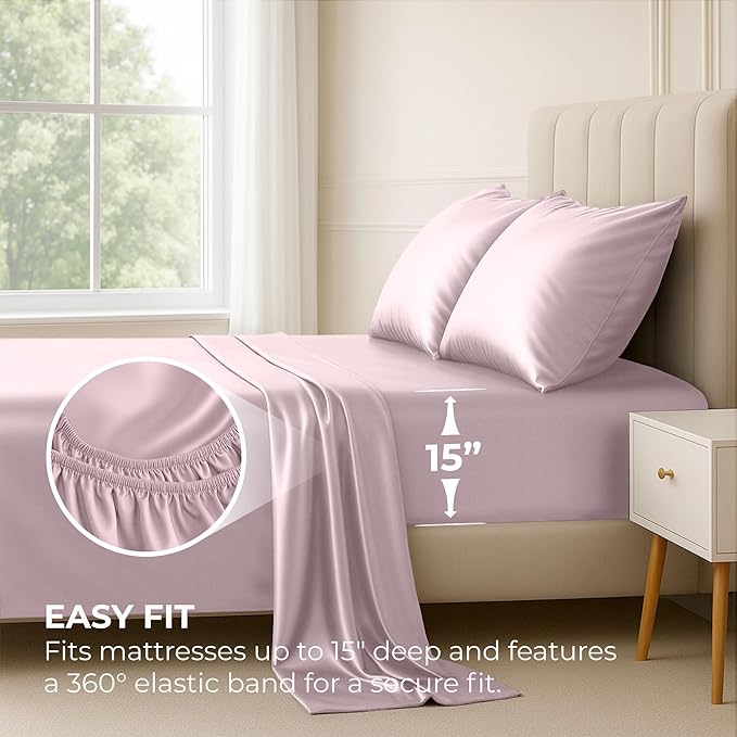 Satin Sheets California King [4-Piece, Champagne Pink] Hotel Luxury Silky Bed Sheets - Extra Soft Microfiber Sheet Set, Wrinkle Resistant - Deep Pocket Fitted Sheet, Flat Sheet, Pillow Cases