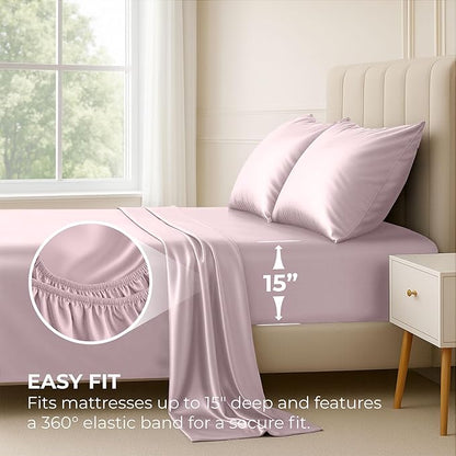 Pure Bedding Satin Sheets Queen [4-Piece, Champagne Pink] Hotel Luxury Silky Bed Sheets - Extra Soft 1800 Microfiber Sheet Set, Wrinkle, Fade, Deep Pocket Fitted Sheet, Flat Sheet, Pillow Cases