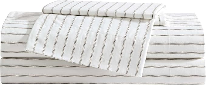 Eddie Bauer - Twin Sheet Set, Cotton Percale Bedding Set, Super Soft and Bedding Set, Oeko-Tex Certified (Essential Stripe Beige, Twin)