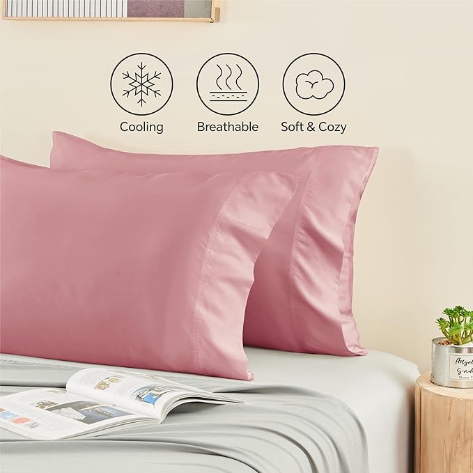 BEDELITE King Size Pillow Cases Set of 2, Rayon Derived from Bamboo, Cooling Pillow Cases for Hot Sleepers & Night Sweats, Breathable and Silky Soft Envelope Pillowcases(Rose Pink, 20"x36")