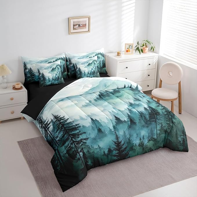 Erosebridal Green Teal Misty Forest Queen Comforter Set with Sheets 7 Piece Mountain Foggy Woodland Bed in A Bag Rustic Pine Tree Bedding Sets for Kids Adults,Watercolor Nature Theme Bed Set