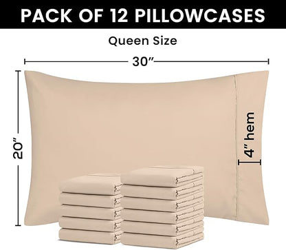 Utopia Bedding Queen Pillow Cases - 12 Pack - Envelope Closure - Soft Brushed Microfiber Fabric - Shrinkage and Fade Resistant Pillow Covers Queen Size 20 X 30 Inches (Queen, Beige)
