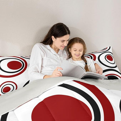 Erosebridal Red Black Circles King Bedding Set Striped Abstract Comforter Set for Adult Women Men Modern Geometric Bed Collections Minimalism Lines Boho Simple Art Duvet Quilt Sets