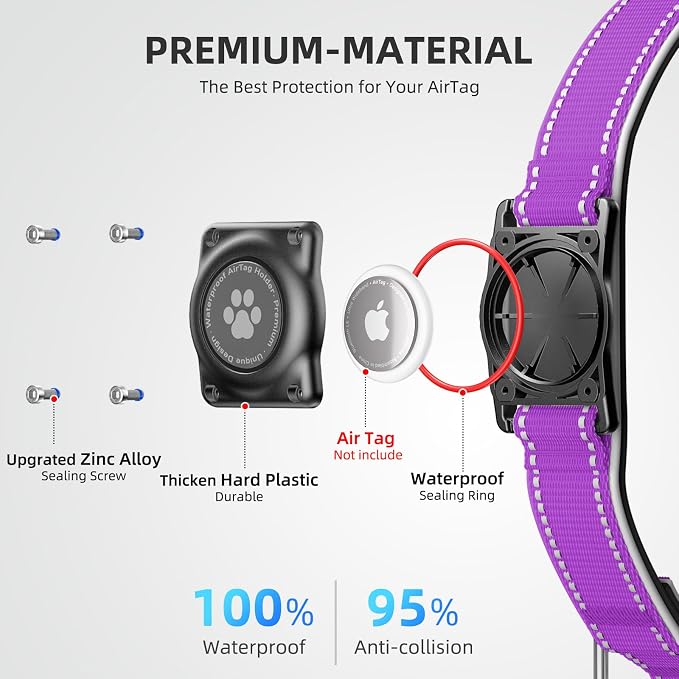 Upgrade Dog Collar with AirTag Holder, IP68 Waterproof, Grape Purple, S | Built-in Water Resistant AirTag holder, 1000D Nylon, Reflective Stitching for Night Visibility, Soft padding for Comfort
