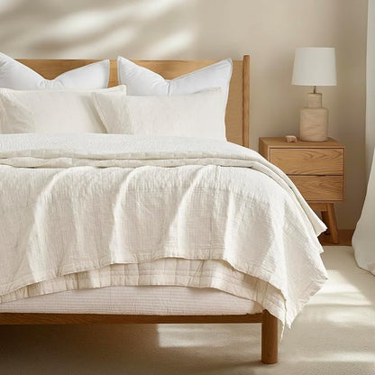 EVERGRACEHOME Stonewashed Quilt Set Full Queen Size, Ultra Soft Oversized Bedspread Coverlet Set, Lightweight Crinkle Box Stitch Bedding Sets for All Season, with 2 Shams, Ivory White