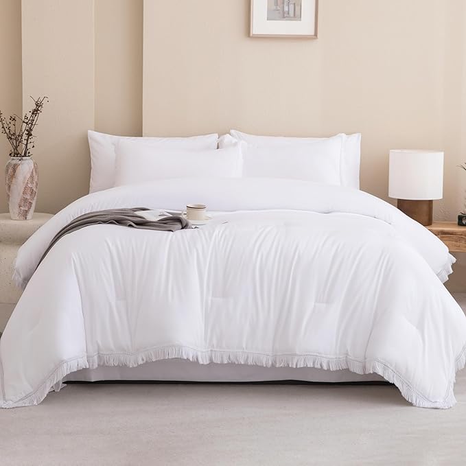 Andency White Comforter Set King Size with Sheets -7 Pieces Boho Tassel Bed in a Bag Soft Lightweight Bedding Sets, All Season Fringe Bed Set with Comforter, Sheets, Pillowcases & Shams