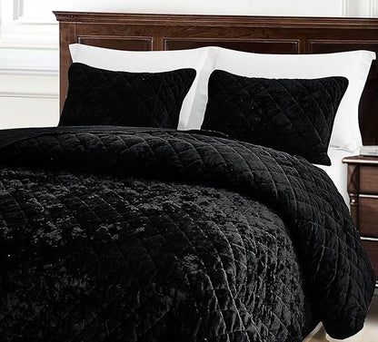 Chezmoi Collection Lux Black Velvet Quilt Oversized King Set, 3-Piece Plush Distressed Velvet Bedding All Season Lightweight Comforter Brushed Microfiber Reverse with Diamond Stitch Quilting