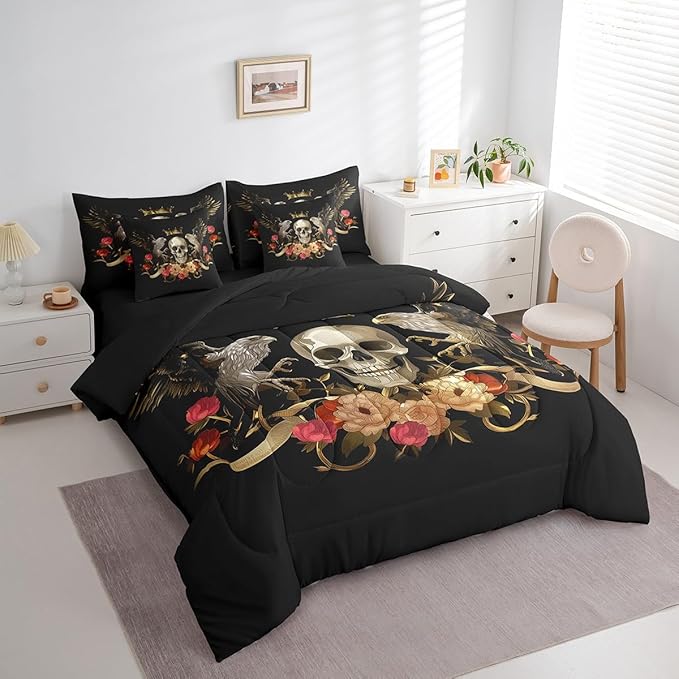 Erosebridal Sugar Skull Comforter Set 7 Piece Bed in a Bag Twin,Eagle Bedding Sets Bohemian Flowers Sheet Set with Comforter