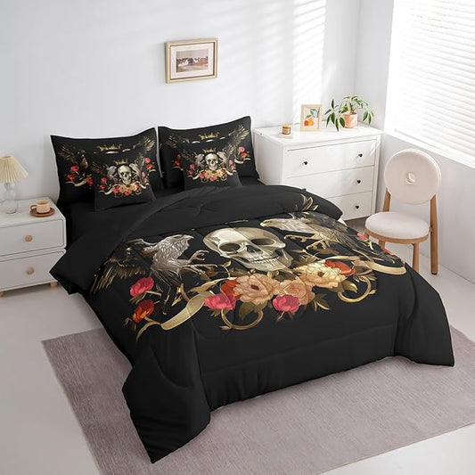 Erosebridal Sugar Skull Comforter Set 7 Piece Bed in a Bag Twin,Eagle Bedding Sets Bohemian Flowers Sheet Set with Comforter